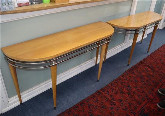 A pair of Ethan Allen beech and stainless steel console tables W.136cm